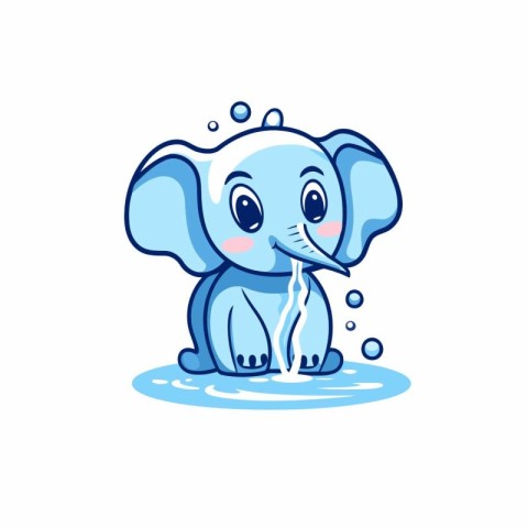 Cute cartoon elephant with splashes of water. Vector illustratio