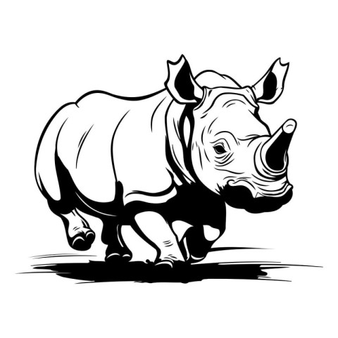 Black and white illustration of a rhinoceros on a white backgrou