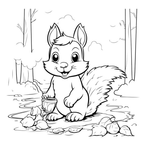 Black and White Cartoon Illustration of Cute Squirrel Animal Cha