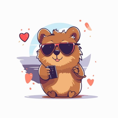 Cute cartoon hamster with sunglasses and phone. Vector illustrat