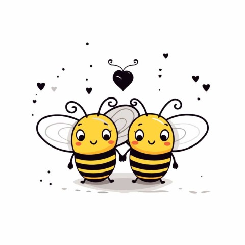 Two cute cartoon bees in love. Vector illustration on white back