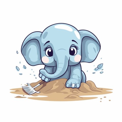 Cute elephant playing in the sand. Vector cartoon character illu