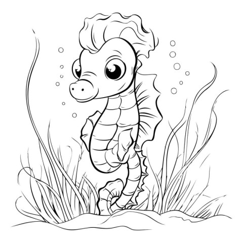 Coloring book for children: sea horse. Black and white illustrat