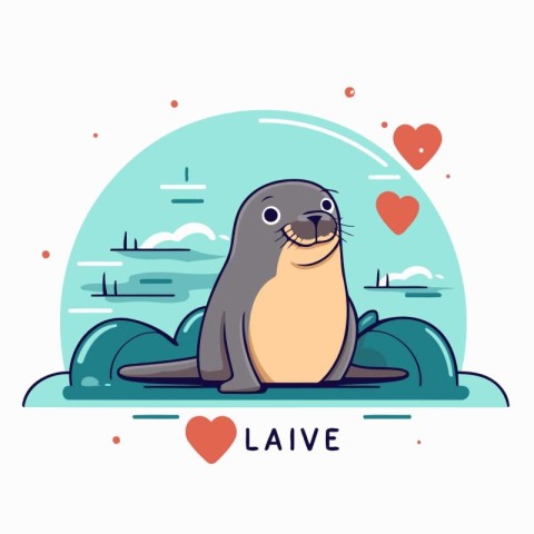 Cute seal sitting on the rock in the sea. Vector illustration.