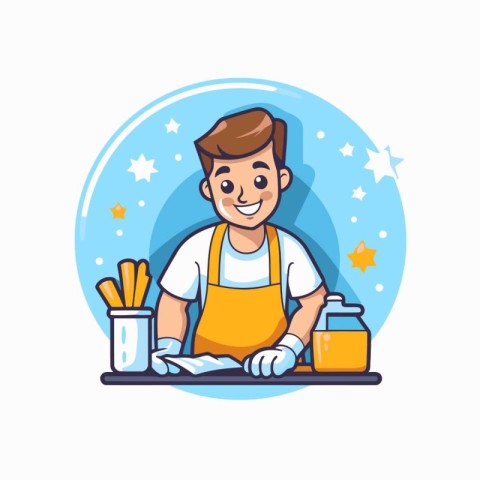 Cleaning service. Man cleaning the house. Vector illustration in