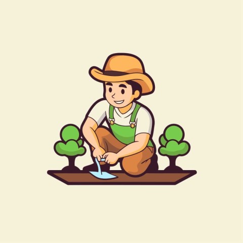 Farmer working in the garden. Vector illustration in cartoon sty