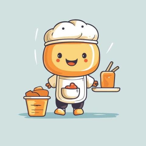 Chef with a bowl of bread. Cartoon character vector illustration