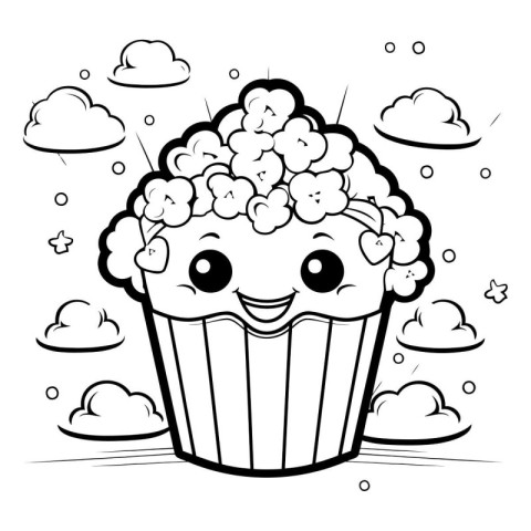 Black and White Cartoon Illustration of Funny Cupcake Character