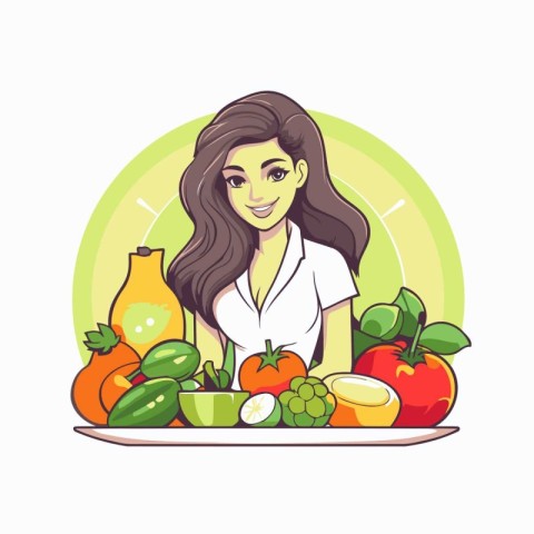 Beautiful young woman with fresh fruits and vegetables. Vector i