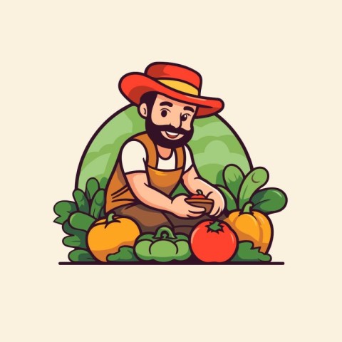 Farmer with fruits and vegetables. Vector illustration in cartoo