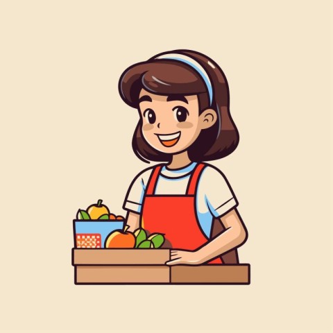 Cute little girl holding a box of fruits. Vector illustration.