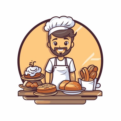 Chef with bread and muffin cartoon vector illustration graphic d