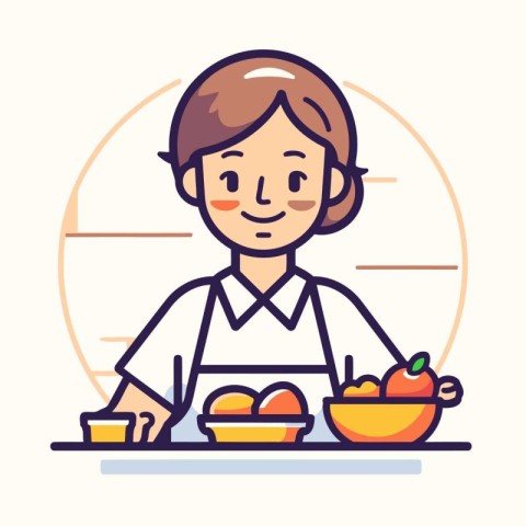 Man in apron cooking healthy food. Flat style vector illustratio