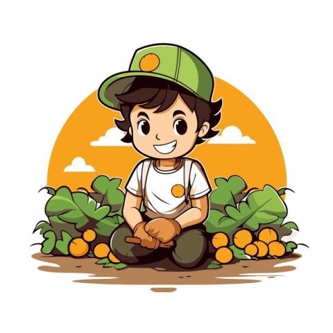 Cute little farmer boy in the field cartoon vector illustration