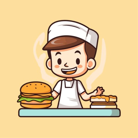 Chef boy with hamburger vector illustration. Cheerful cartoon ch