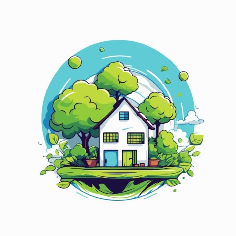 House in the garden with trees and grass vector Illustration on