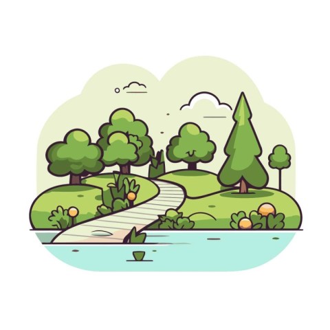 Vector illustration of a park landscape with trees. bushes. road