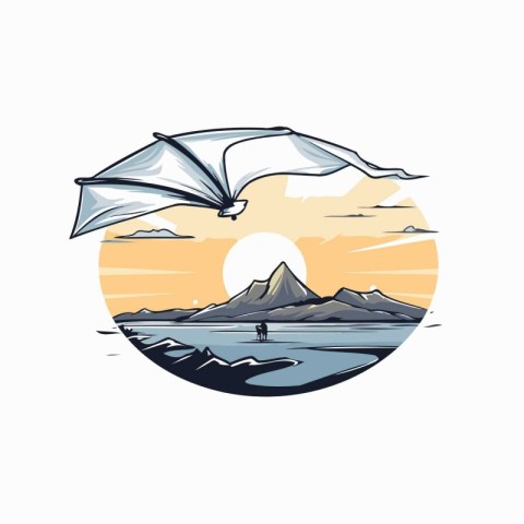 Illustration of a flying paper plane above the sea at sunset.