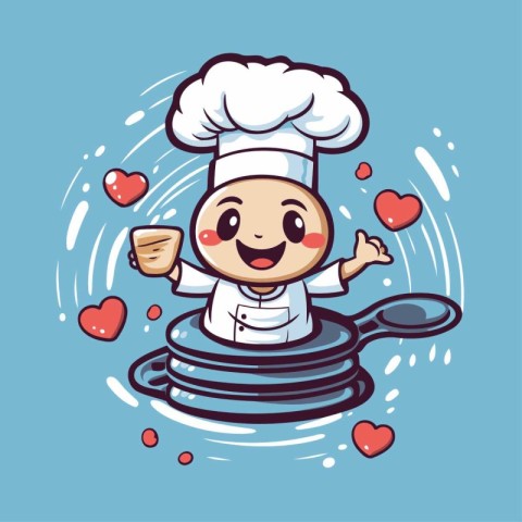 Cute chef with a spoon and a pancake. Vector illustration.