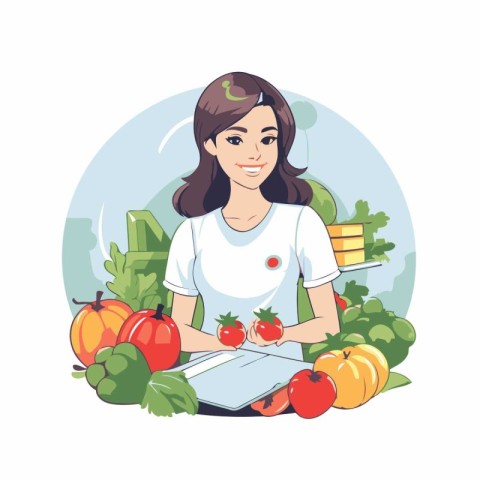 Vector illustration of a woman with vegetables in the kitchen. H