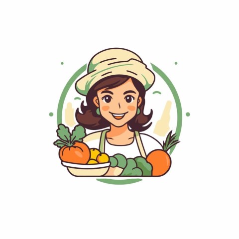 Cute cartoon girl in a hat and apron with fresh vegetables. Vect