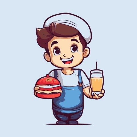 Cartoon boy with hamburger and smoothie. Vector illustration.