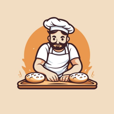 Chef with bread and rolls. Vector illustration in cartoon style.