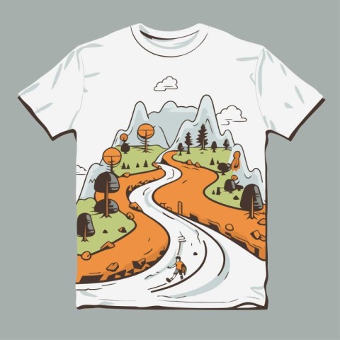 T-shirt design with a mountain landscape and road. Vector illust