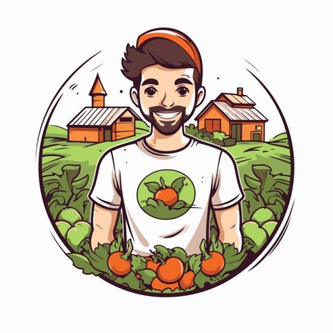 Farmer man with fresh carrots in the garden cartoon vector illus