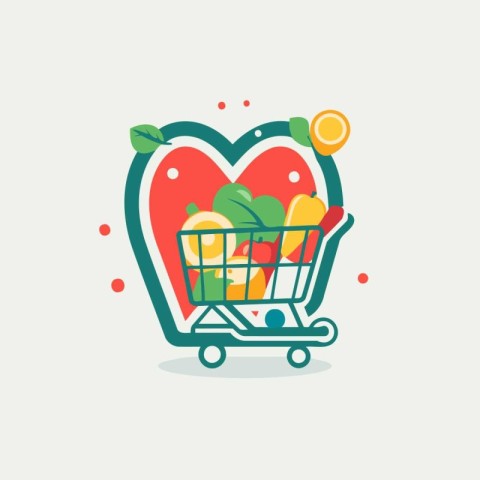 Shopping cart with healthy food. Vector illustration in flat sty