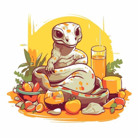 Vector illustration of a frog sitting in a bowl and drinking ora