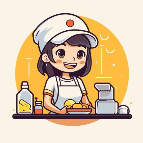 Cute little girl cooking in the kitchen. cartoon vector illustra