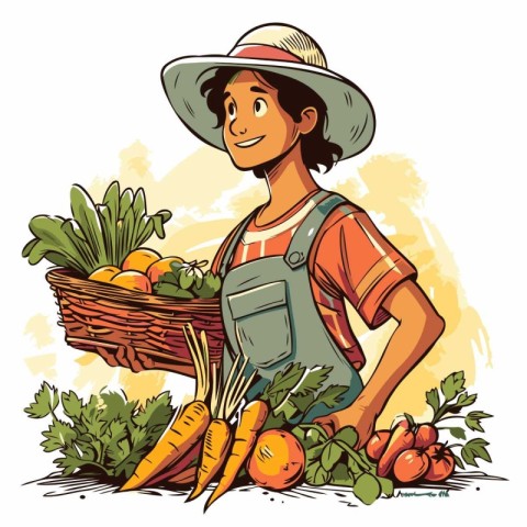 Vector illustration of a farmer with a basket full of fresh vege