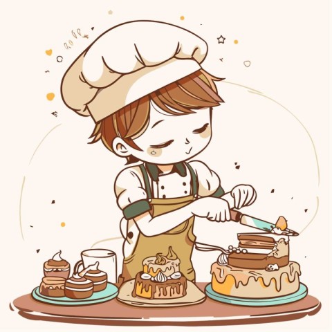 Illustration of a Cute Little Boy Dressed as a Chef Decorating a