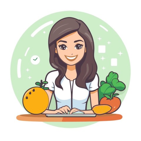 Vector illustration of a young woman sitting at the table with f