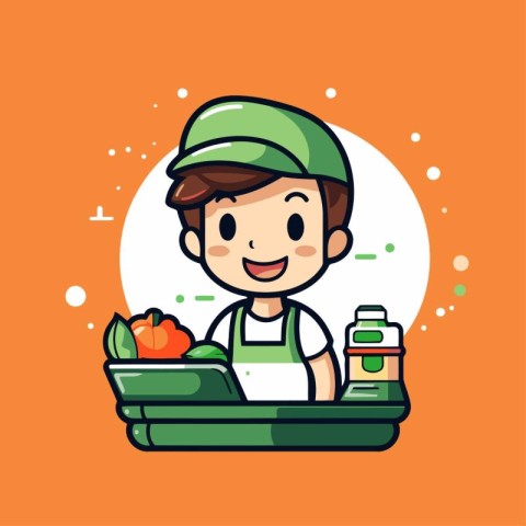 Fruit and vegetable seller. Cute cartoon character vector illust