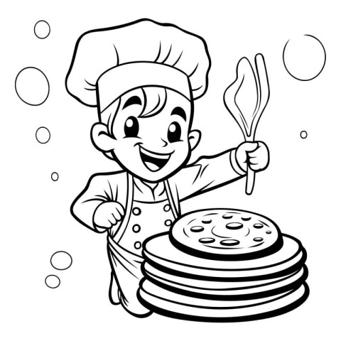 Black and White Cartoon Illustration of Little Boy Chef with Sta