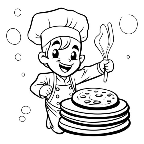 Black and White Cartoon Illustration of Little Boy Chef with Sta