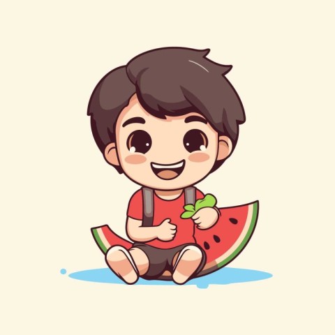 cute little boy eating watermelon. vector illustration. eps10