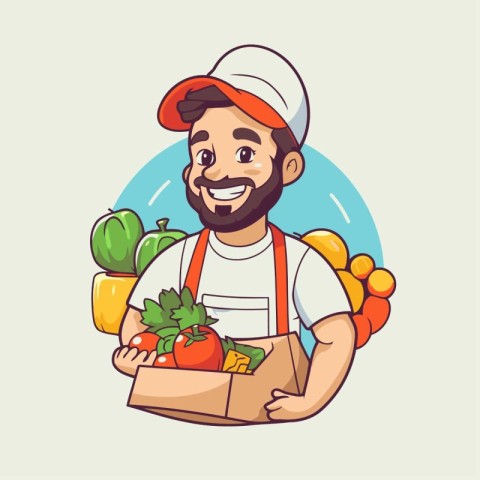 Vector illustration of a smiling farmer holding a box of fresh v