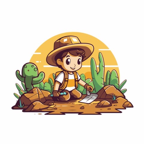 Cute cartoon explorer boy with map and cactus. Vector illustrati