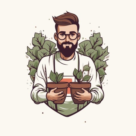 Hipster gardener with plants in pots. Vector illustration.