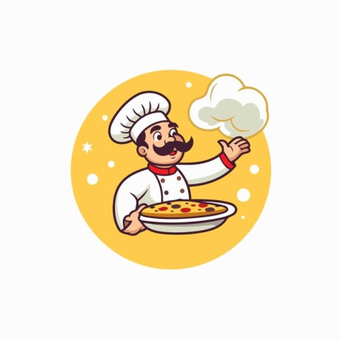 Chef with pizza. Vector illustration in cartoon style on white b