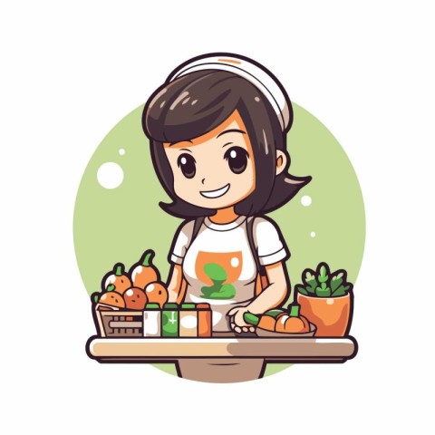 Girl with a basket of fresh vegetables. Vector illustration on w