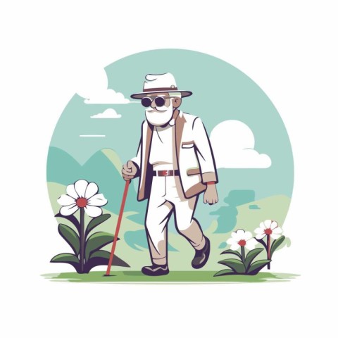 Old man with walking stick and flowers. Vector illustration in c