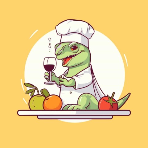 Funny crocodile chef with a glass of wine. Vector illustration