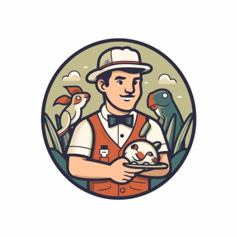 Vector illustration of a farmer holding a chicken in his hands.