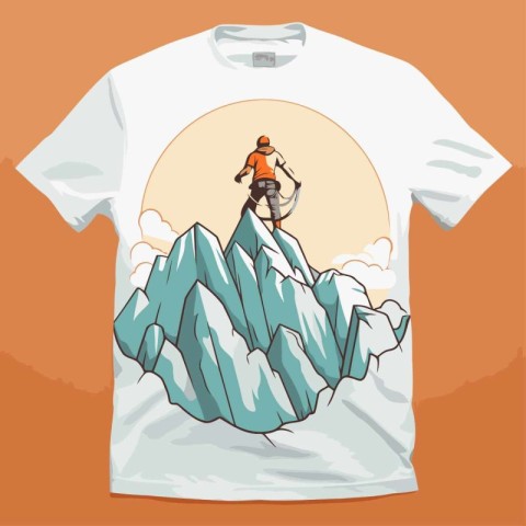 T-shirt print design with a climber on top of a mountain