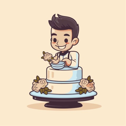 cute cartoon groom and wedding cake. vector illustration. eps10