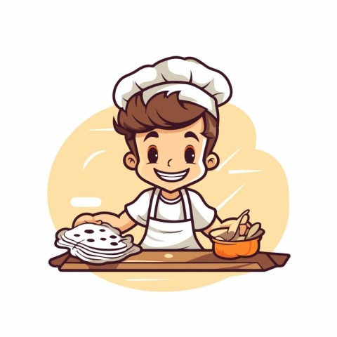 Cute boy chef in apron and hat cooking cookies. Vector illustrat